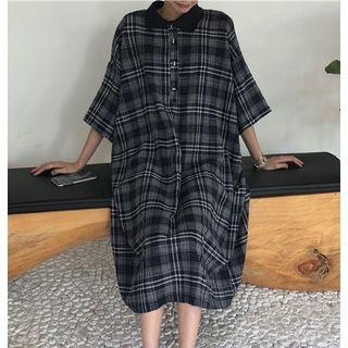 Plaid Elbow-sleeve Midi Polo Dress