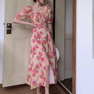 Puff-sleeve Square Neck Floral Split Dress