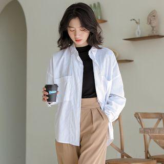 Plain Long-sleeve Double-pocket Shirt White - One Size