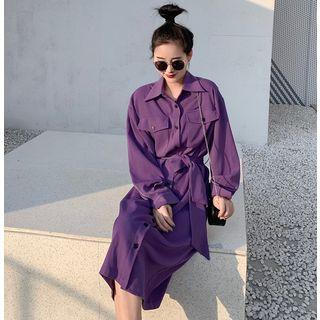 Drop-shoulder Chiffon Shirtdress With Sash