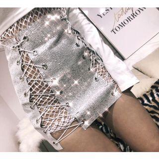Lace-up Rhinestone Pencil Skirt