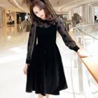 Long-sleeve Sheer Panel Midi A-line Dress