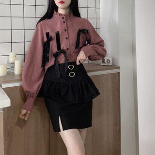 Cross Lace-up Trench Coat / Long-sleeve Square-neck Ruched Dress / Long-sleeve Stand-collar Velvet Strap Top / Heart Button Slit Short Skirt (various Designs)