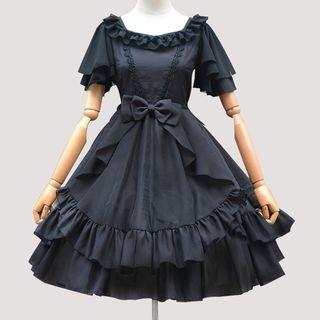 Plain Ruffle Trim Short Sleeve Chiffon Dress