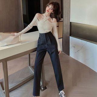High-waist Straight-fit Dress Pants / Off-shoulder Knit Sweater