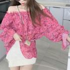Long-sleeve Off-shoulder Floral Print Chiffon Blouse Floral - Pink - One Size