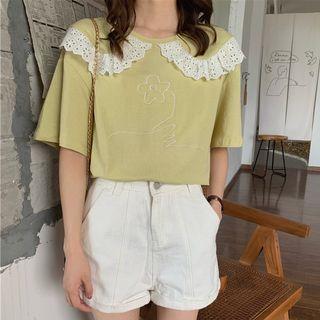 Panel Collar Flower Printing Short-sleeve Top