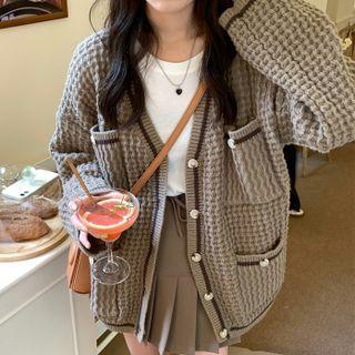 Contrast Trim Pocket Cardigan Khaki - One Size
