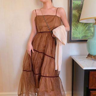 Plain Cardigan / Spaghetti-strap Tiered A-line Midi Dress