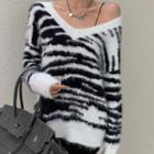 Zebra Print V-neck Fluffy Sweater Black & White - One Size