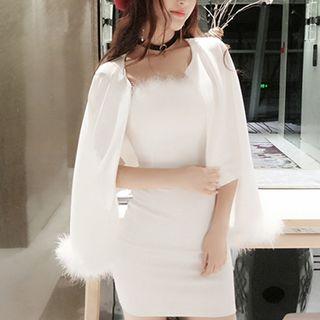 Set: Furry Trim Strapless Minidress + Cropped Jacket