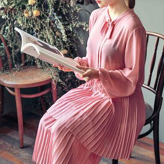 Long-sleeve Tie-front Pleated Hem A-line Midi Dress