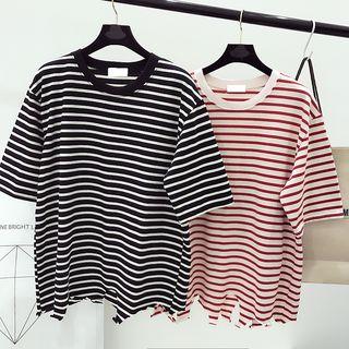 Distressed Loose-fit Striped Short Sleeve T-shirt