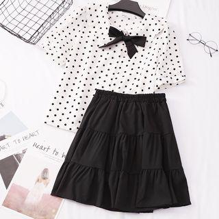 Set: Short-sleeve Polka Dot Shirt + A-line Mini Skirt