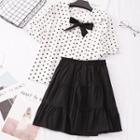 Set: Short-sleeve Polka Dot Shirt + A-line Mini Skirt
