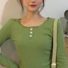 Long-sleeve Lettuce Edge Plain T-shirt