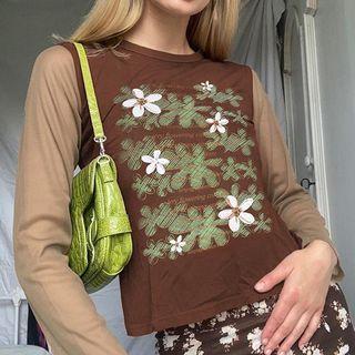 Long Raglan Sleeve Color-block Floral Print T-shirt