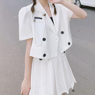 Set: Elbow-sleeve Double-breasted Blazer + Pleated Mini A-line Skirt