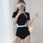 Short-sleeve Contrast Trim Cut Out Swimsuit