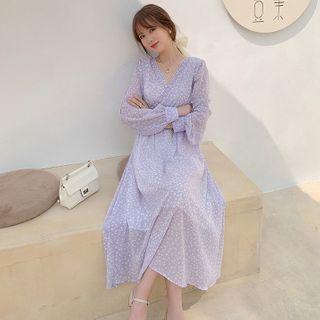 Long-sleeve Floral Midi A-line Dress Light Purple - One Size