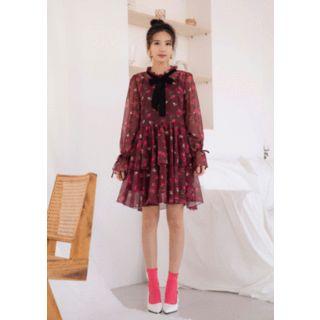 Tiered Rosette Chiffon Dress With Tie