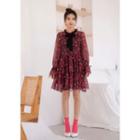 Tiered Rosette Chiffon Dress With Tie