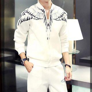 Set: Stand Collar Print Zip Jacket + Sweatpants