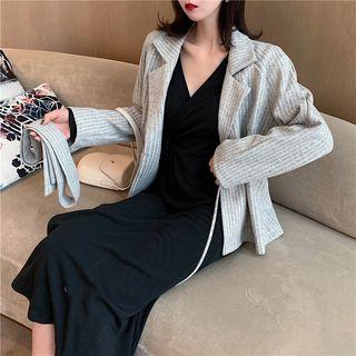 Striped Tie Closure Blazer/ Long-sleeve Midi Wrap Dress