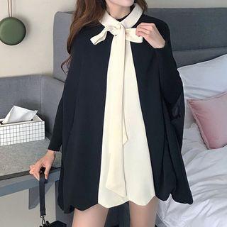 Color-block Bow-detail Cape Jacket / Plain Long-sleeve Top