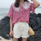 Short Sleeve Lace Collar Check Shirt