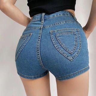 High-waist Heart Print Denim Hot Pants