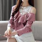Long-sleeve Cold Shoulder Lace Paneled Ruffled Top