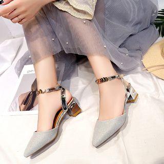 Sequined Chunky Heel Pointed Sandals