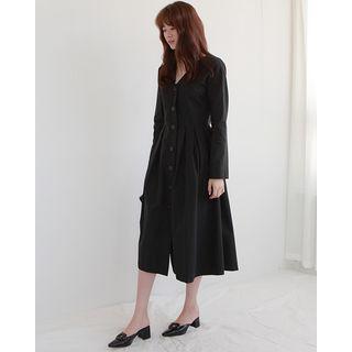 V-neck Pleated A-line Long Shirtdress