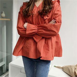 Plain Long-sleeve Frill Trim Blouse