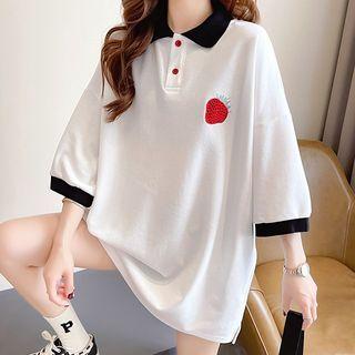 3/4-sleeve Strawberry Embroidered Polo Shirt