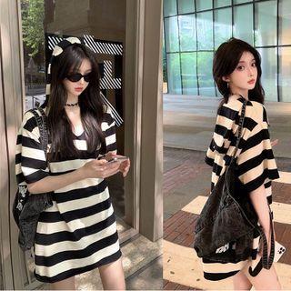 Short-sleeve Striped Hooded T-shirt Black & Beige - One Size
