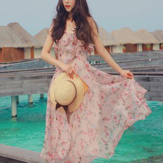 Spaghetti-strap Floral Print Mini A-line Dress / Maxi A-line Dress