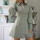 Puff Sleeve Plain A-line Shirtdress