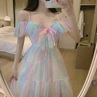 Mesh Cold-shoulder Midi A-line Dress