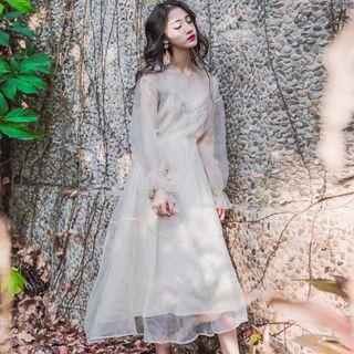 Set: Flower Embroidered Long-sleeve A-line Mesh Dress+ Slipdress