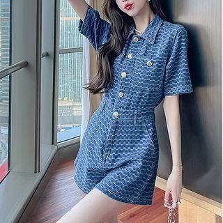 Short-sleeve Printed Denim Romper