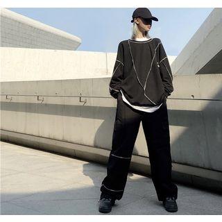 Mock Two-piece Lettering Long-sleeve T-shirt Black & White - One Size