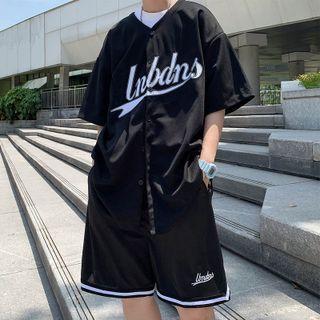 Set: Lettering Embroidered Short Sleeve Top + Wide Leg Sweatshorts
