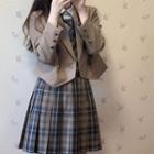Double Breasted Blazer / Plaid Pleated Skirt / Shirt / Tie / Set