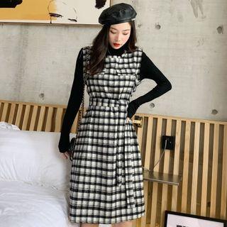 Plaid Midi A-line Dress / Mock Neck Knit Top