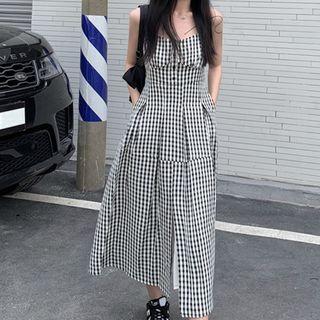 Spaghetti Strap Gingham Check Midi Dress Gingham - Black & White - One Size