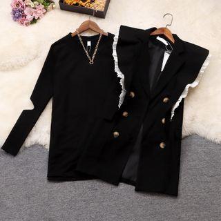Long-sleeve Cut Out T-shirt / Ruffle Trim Double-breasted Vest / Set