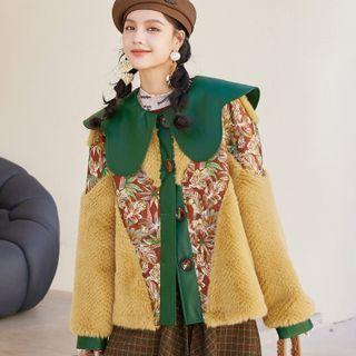 Floral Panel Contrast Trim Fleece Jacket