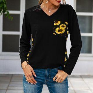 Long-sleeve Flower Print Panel T-shirt